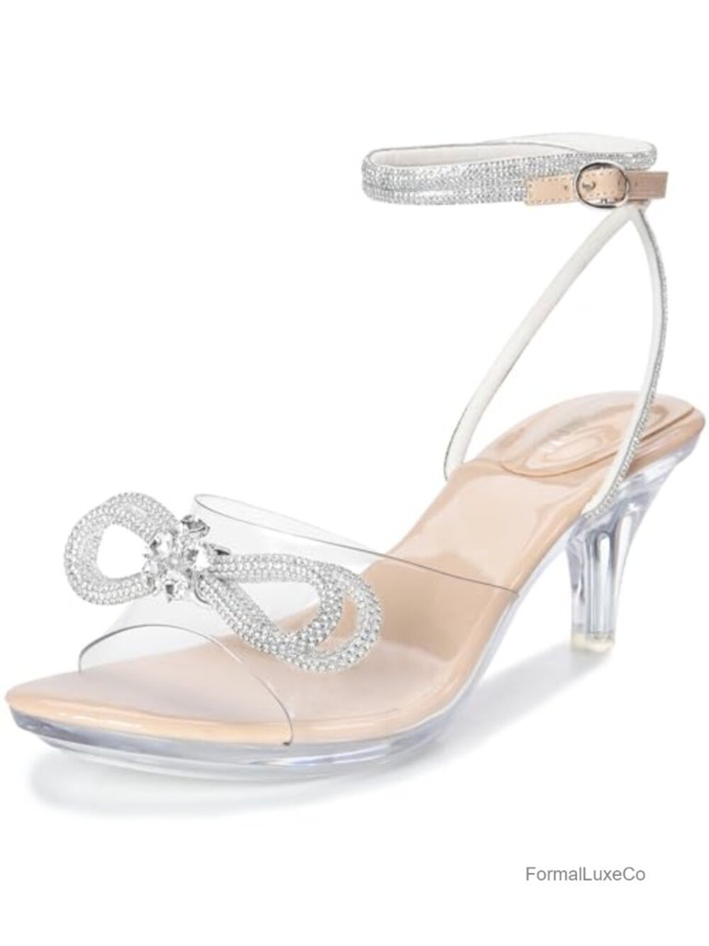 Rhinestone Bowknot Strappy Clear Heeled Sandals Platform Ankle Strap Open Toe